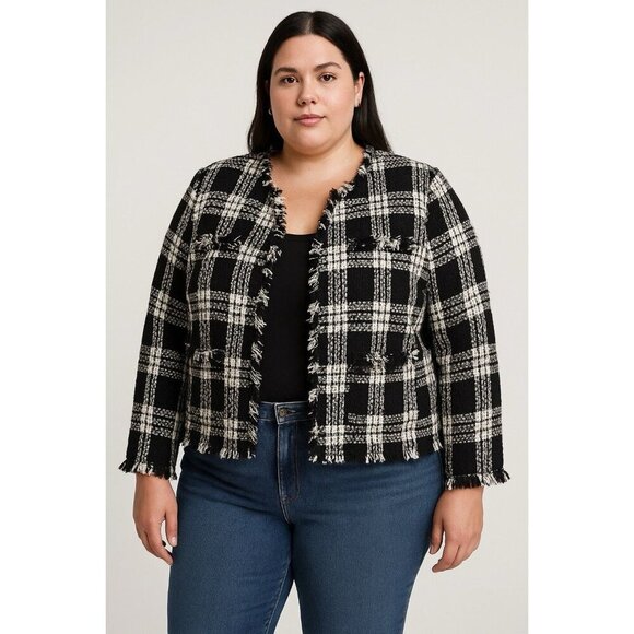1.STATE Womens Jacket Blazer Coat SZ XXL Black White Tweed Plaid Cropped Fringe - Picture 8 of 8